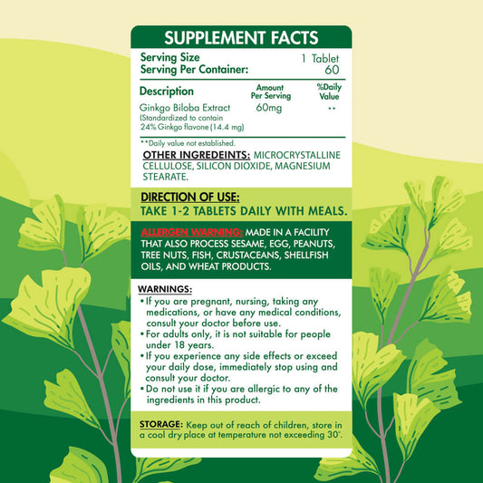 Ginkgo Biloba 60MG-60Serv.-60Tablets