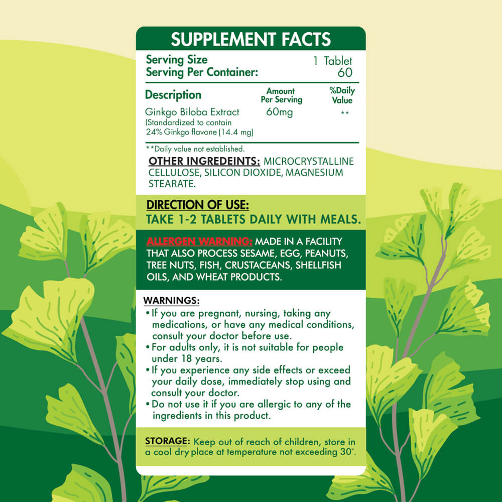 Ginkgo Biloba 60MG-60Serv.-60Tablets